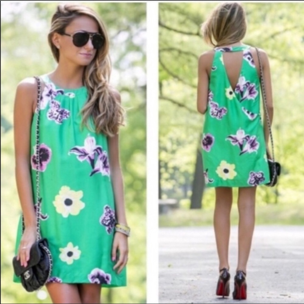 J. Crew Factory green halter dress and yellow floral tropical print back…